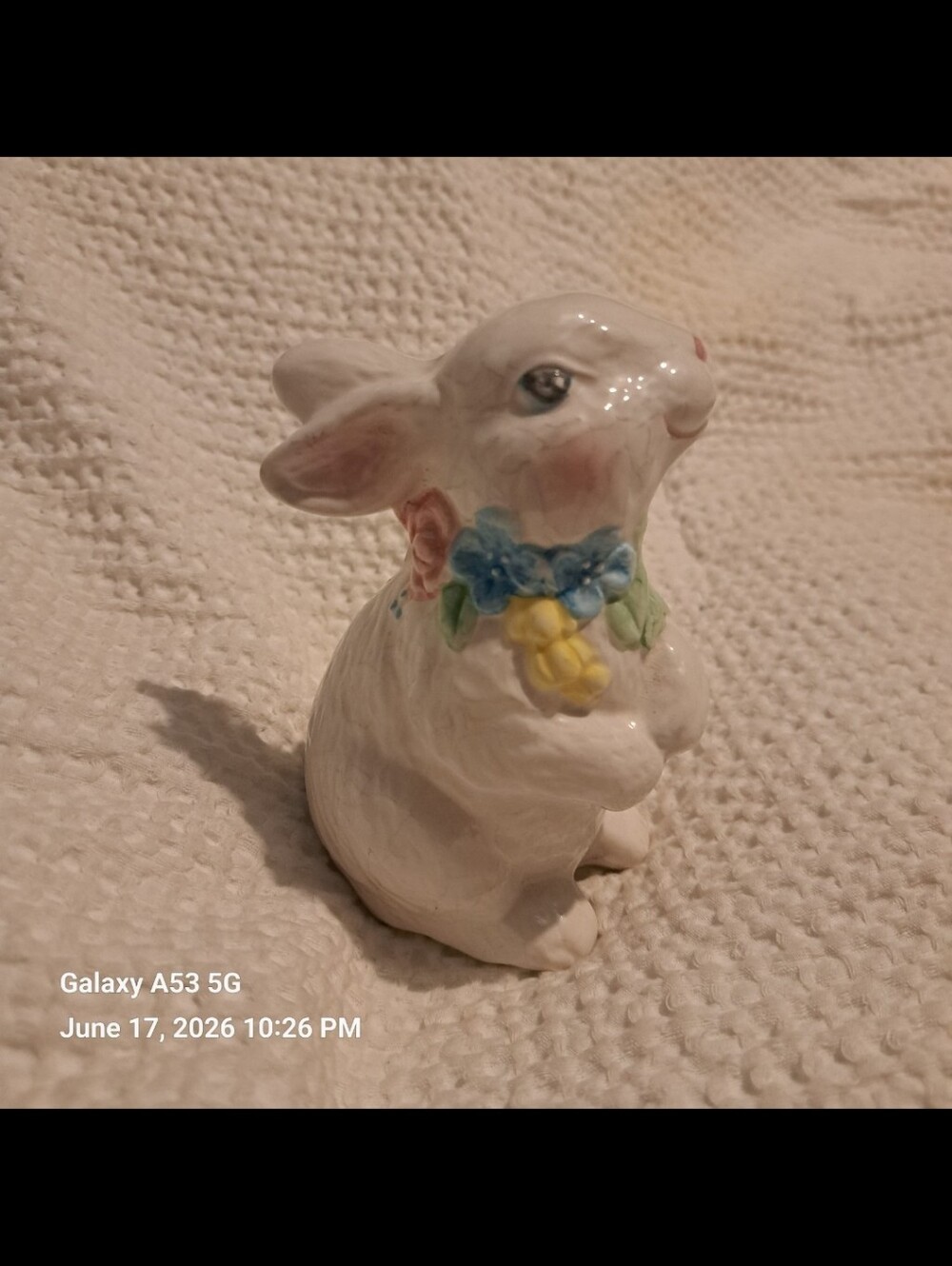 White Vintage Ceramic Bunny Figurine with Blue and Yellow Floral Collar